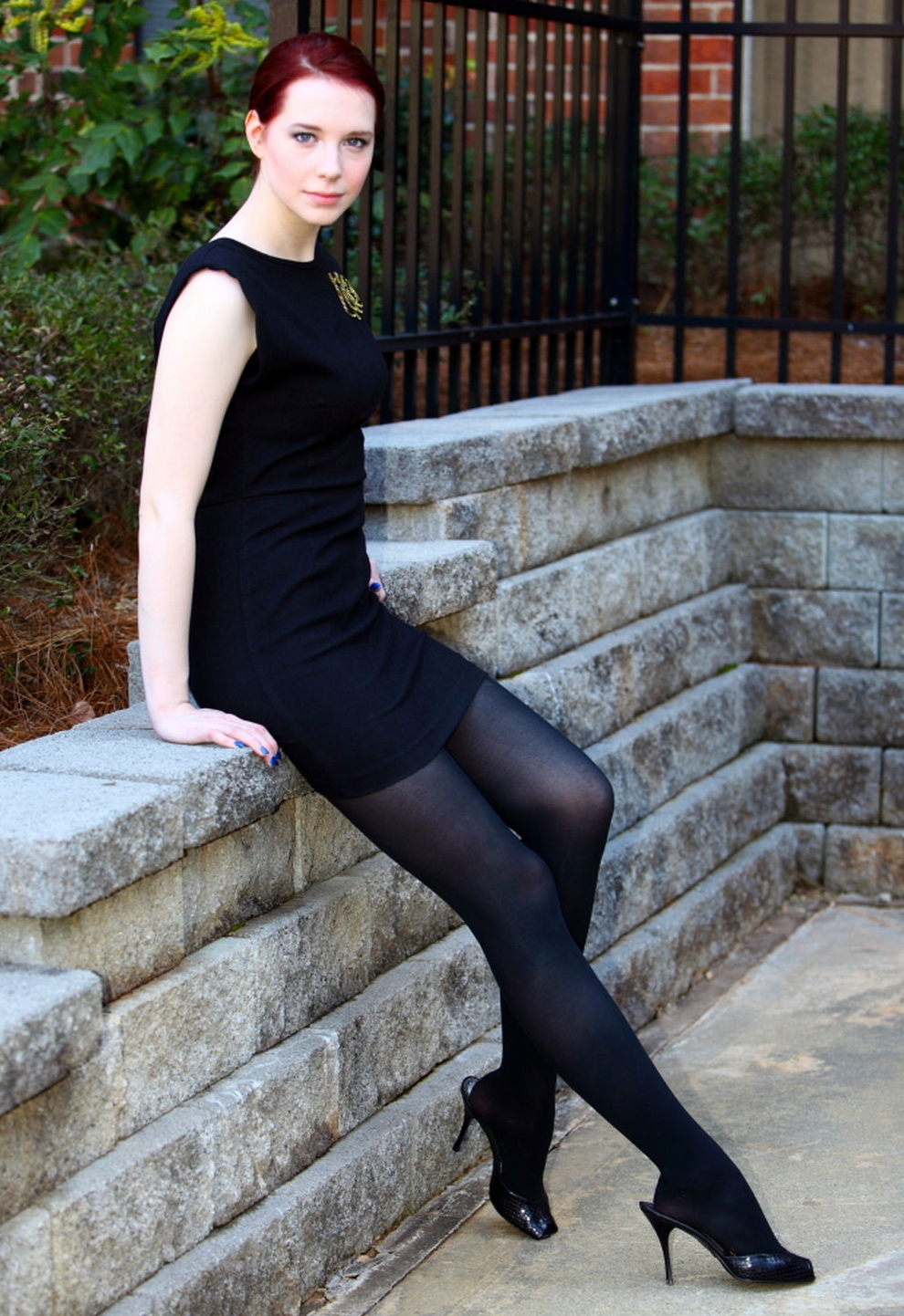 Redhead Teen Girl wearing Black Opaque Pantyhose and Black Cotton Short Dress